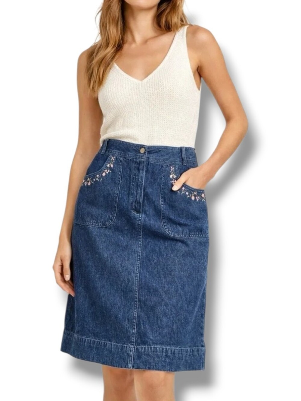 Vintage 90s CARROLL REED Denim Skirt with Floral Embroidered Pockets